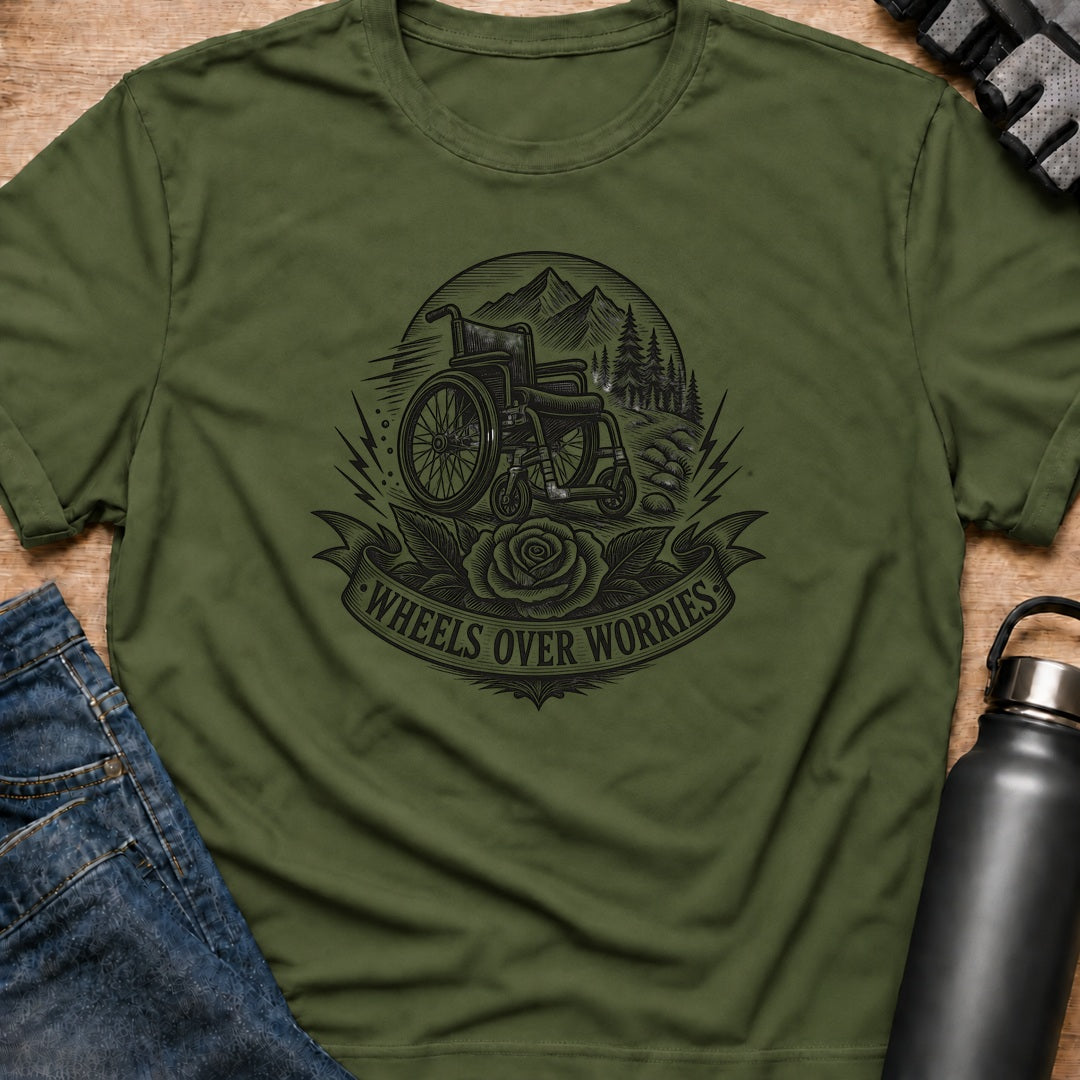 Printify T-Shirt Military Green / S wheels over worries T-Shirt wheels over worries T-Shirt